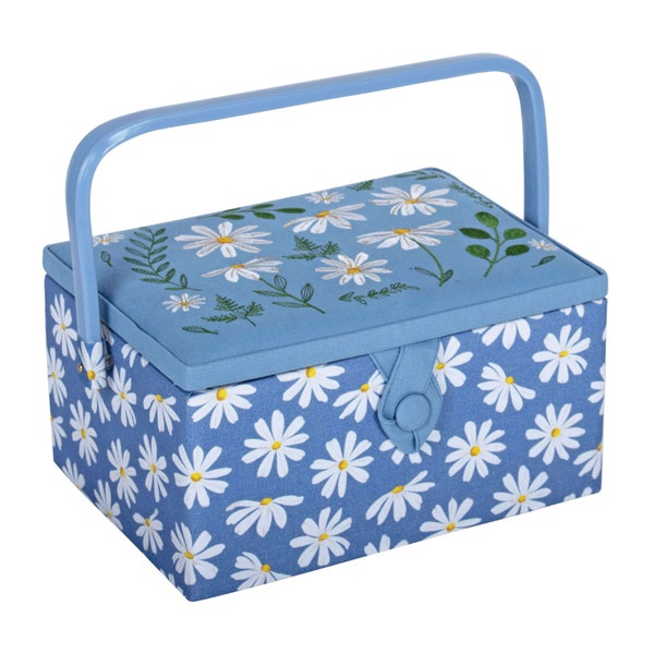 HobbyGift Sewing Box (M) - Embroidered - Denim Daisies - Storage - Gift - Crafts