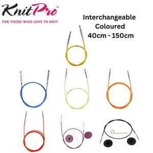 May include: Knit Pro interchangeable coloured circular knitting needles in various colours. The image shows yellow, blue, green, orange, red, purple, and black cables. The text on the image says "Interchangeable Coloured 40cm - 150cm". The Knit Pro logo is in the top left corner.
