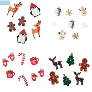 Puede incluir: Una colección de adornos navideños, que incluyen renos, pingüinos, muñecos de nieve, hombres de jengibre, copos de nieve, bastones de caramelo, mitones, árboles de Navidad y tazas. Los adornos son de varios colores, como rojo, marrón, blanco y verde.