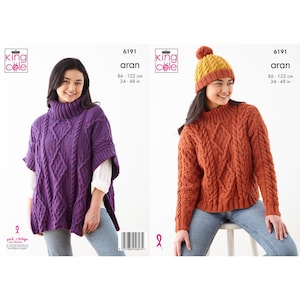 Op de afbeelding: Twee gebreide truien, één paars en één oranje, met een kabelbreipatroon. De truien worden getoond op modellen die jeans dragen. De afbeelding bevat ook de tekst "6191 aran 86-122 cm 34-48 in" en een logo voor King Cole.