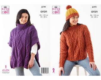 King Cole Knitting Pattern Cape, Sweater & Hat Knitted in King Cole Big Value Aran