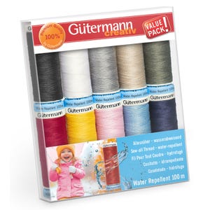 May include: A Gütermann creativ value pack of sew-all thread in various colours. The pack contains spools of black, white, grey, tan, olive green, red, yellow, pink, light blue, and navy blue thread. The packaging states the thread is water repellent.