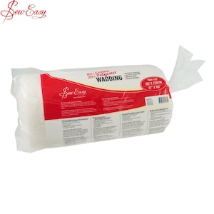 May include: A white cotton and polyester batting roll packaged in a clear plastic bag. The label is red and white and says "Sew Easy" and "80% Cotton 20% Polyester Wadding". The label also says "Twin Size 72" x 90" (182 x 228cm)".
