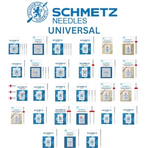 May include: A selection of Schmetz Universal needles, each in a blue and white package. The packages feature the Schmetz logo and the words "Universal Needles".