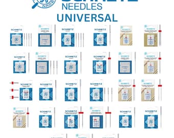 May include: A variety of Schmetz Universal needles in individual packages. The packages are blue and white with the Schmetz logo and the words "Universal Needles".