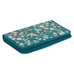 May include: Teal-colored zippered case with a floral and bird pattern. The case features a repeating design of colorful birds, flowers, and foliage. The zipper and trim are a matching teal color. The words "Happy Gift" are printed on a small label.