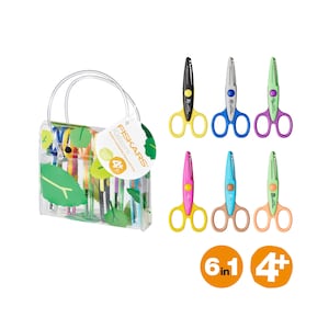 May include: Set of six colorful Fiskars Kids scissors in a clear plastic carrying case. The scissors are designed for children ages 4 and up. The case has a handle and is labeled "Fiskars Kids 4+  Precision Scissors for Little Hands".