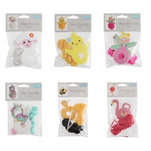 May include: Six different pom pom craft kits featuring various animal designs. Each kit includes a wooden animal shape, yarn, and pom poms. The animals include a sheep, chick, fairy, unicorn, bee, and flamingo.