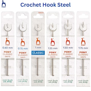 Aguja de crochet Pony de acero (0,6 mm, 0,75 mm, 1 mm, 1,25 mm, 1,5 mm, 1,75 mm) - Fabricación de encajes - Manualidades, costura, acolchado, tejido, bordado y trabajos de detalle