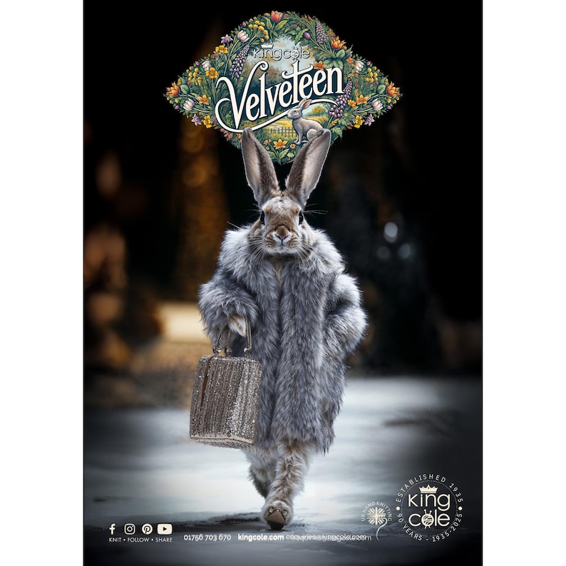May include: A grey rabbit wearing a grey fur coat and carrying a gold handbag walks down a street. The rabbit is wearing a crown with the words "Kingcole Velveteen" above it. The text "Established 1935 King Cole 80 Years 1935-2015" is in the bottom right corner of the image.