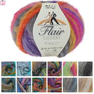 May include: A colorful ball of Flair Chunky yarn by King Cole. The yarn features a blend of vibrant colors including orange, purple, pink, and gray. The label displays a dancing couple and the text "Flair Chunky". The ball weighs 100g.