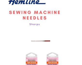May include: Two packs of Hemline Top Stitch sewing machine needles. Each pack contains 6 needles, size 80/12 and 90/14. The needles are designed for topstitching, quilting, and blanket stitching.