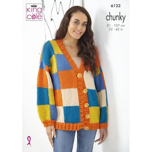 May include: A chunky knit cardigan with a colourful patchwork design in shades of orange, yellow, blue, and cream. The cardigan has a V-neck and button closure. The pattern number is 6122.