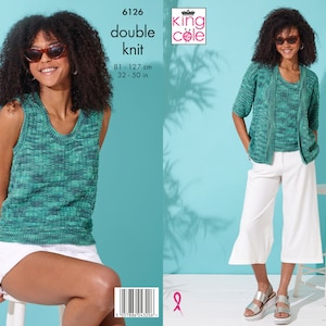May include: Two knitting patterns for a teal sleeveless top and a teal cardigan with short sleeves. The patterns are from King Cole and are called "double knit". The patterns are for sizes 32-50 inches.