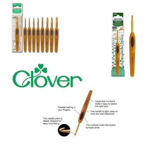 Peut inclure: Un ensemble d'aiguilles à crochet Clover Soft Touch de différentes tailles. Les aiguilles sont en plastique de couleur écaille de tortue et ont une prise confortable. L'emballage comprend le logo Clover et le texte "Soft Touch Crochet Hook".