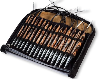 May include: A set of 15 interchangeable knitting needles in a black zippered case. The needles are made of wood and metal and have a brown and black wood grain pattern. The needles are arranged in the case in order of size.
