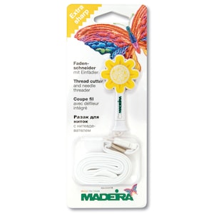 May include: White thread cutter with a yellow flower design and a white cord. The packaging includes the text "Extra sharp", "Faden-schneider mit Einfädler", "Thread cutter and needle threader", "Coupe fil avec défileur intégré", "Разак для ниток с нитевде-вателем", and "design the future MADERA".