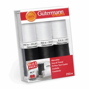 May include: A clear plastic package containing three spools of Gütermann sew-all thread. Two spools are white, and one is black. Each spool contains 250 meters or 274 yards of thread. The packaging includes the text "VALUE PACK!" and "MICRO CORE TECHNOLOGY".