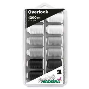 May include: A pack of 10 spools of Madeira Aerolock Overlock thread in white, grey, and black. Each spool contains 1200 metres (1310 yards) of thread.