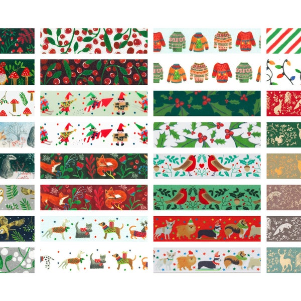 Berisfords Festive Ribbons: 25mm width, Full Reels 20/25 metres, Christmas-Elves-Stags-Foxes-Gnome-Holly-Berry-Owl-Woods-Forest-Dogs-Lights
