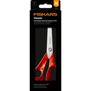 May include: A pair of Fiskars Classic left-handed universal scissors, 21cm long, with bright orange handles and silver blades. The scissors are packaged in a black and white box with the Fiskars logo and product information.