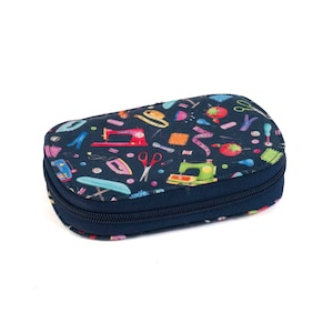 May include: A small, navy blue zippered pouch with a colorful print of sewing tools and supplies. The pouch is perfect for storing small items like needles, thread, and buttons.