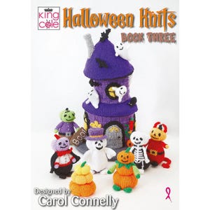 May include: A book cover titled "Halloween Knits Book Three" featuring a purple knitted haunted house with ghost and bat decorations. Surrounding the house are various knitted Halloween characters, including a pumpkin, skeleton, and ghost.