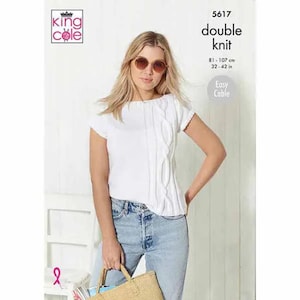 May include: A woman wearing a white double knit top with cable detailing and short sleeves. The top is paired with light blue jeans. The image includes text that reads "double knit" and measurements of 81-107 cm.