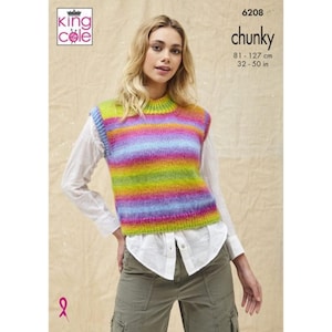 May include: A colourful striped knitted vest with a round neckline. The vest is made with chunky yarn and is available in sizes 32-50 inches.