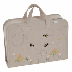 HobbyGift Large Linen Project Case Storage Bag - Applique Bee Design - Beige