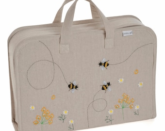 HobbyGift Large Linen Project Case Storage Bag - Applique Bee Design - Beige