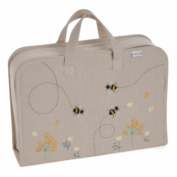 HobbyGift Large Linen Project Case Storage Bag - Applique Bee Design - Beige - Crafts, Sewing, Quilting, Knitting, Embroidery