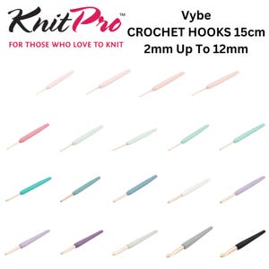 May include: KnitPro Vybe crochet hooks measuring 15cm in length, available in sizes from 2mm up to 12mm. The set features twenty individual hooks in a variety of pastel and solid colors, each with a smooth handle and a metallic hook tip.