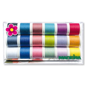 May include: A clear plastic box filled with 12 spools of Madeira colorfast thread. The spools are arranged in three rows of four. The colors are white, blue, pink, green, purple, orange, and yellow.