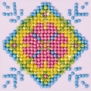 May include: A diamond-shaped mosaic design with pink, yellow, and blue round beads. The beads are arranged in a geometric pattern.