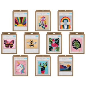 May include: A set of 10 punch needle frame kits featuring various colourful designs, including a rainbow, a flamingo, a cactus, a unicorn, a butterfly, a bee, an owl, a sun, a monstera leaf, and a mountain landscape.