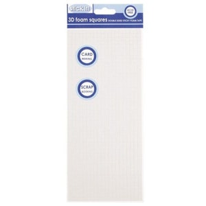 May include: A package of "stick it!" 3D foam squares, double-sided sticky foam tape. The package has a white background with a grid pattern. The text "CARD MAKING" and "SCRAP BOOKING" are in blue circles. The package is acid-free.