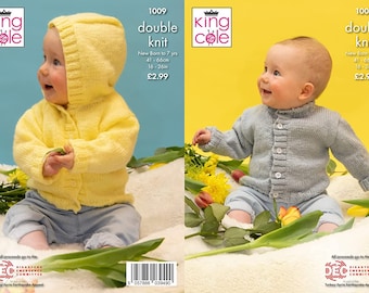May include: Two knitting patterns for a baby cardigan, one in yellow and one in blue. The patterns are from King Cole and are called "double knit". The patterns are for sizes newborn to 7 years, 16-26 inches.