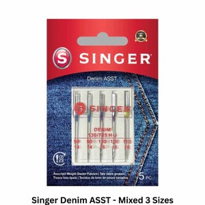 May include: A pack of five Singer sewing machine needles for denim fabrics. The packaging is red and blue with a denim texture background. It displays the Singer logo, the text Denim ASST., 130/705 H-J, and needle sizes 90/14, 100/16, and 110/18.