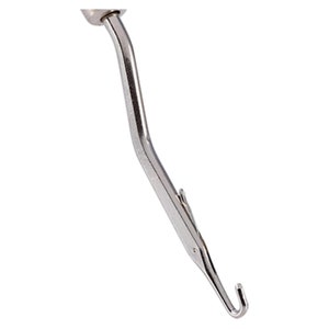 May include: A silver crochet hook with a curved handle and a hook at the end.