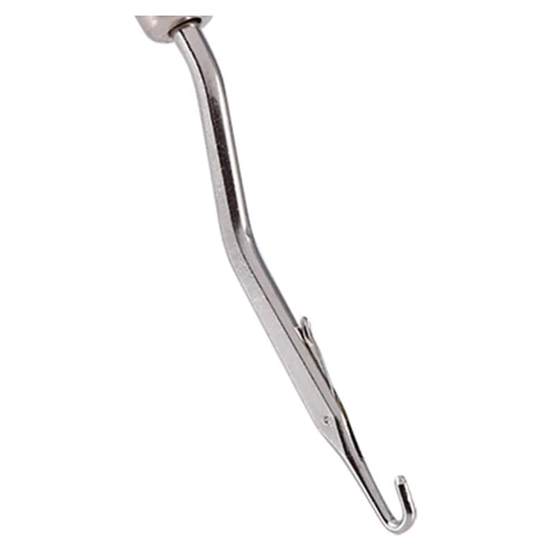 May include: A silver crochet hook with a curved handle and a hook at the end.