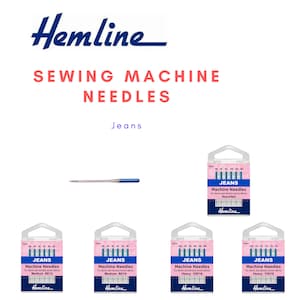 Könnte beinhalten: Eine Packung mit sechs Hemline Nähmaschinennadeln für Jeans. Die Nadeln sind in verschiedenen Größen sortiert, darunter mittel 80/12, mittel 90/14, schwer 100/16 und schwer 110/18.