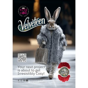 May include: A grey rabbit wearing a grey fur coat and holding a silver handbag. The rabbit is walking on a runway with a red ball of yarn with the word "Velveteen" on it. The background includes a sign with the words "Velveteen" and "Your next project is about to get Irresistibly Cosy!"