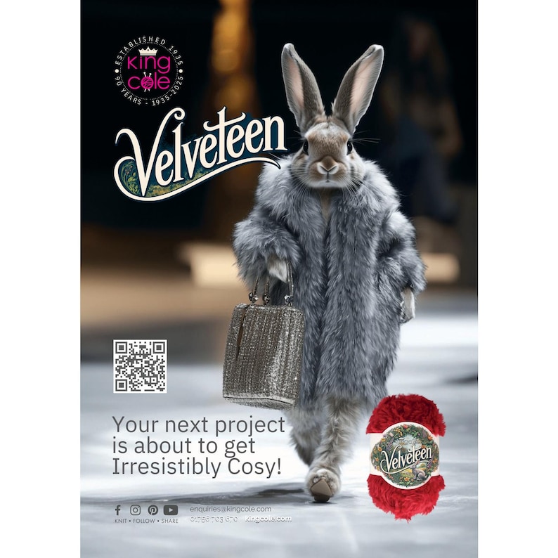 May include: A grey rabbit wearing a grey fur coat and holding a silver handbag. The rabbit is walking on a runway with a red ball of yarn with the word "Velveteen" on it. The background includes a sign with the words "Velveteen" and "Your next project is about to get Irresistibly Cosy!"
