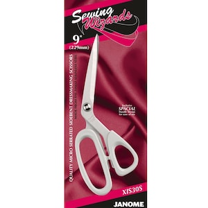 May include: A 9-inch (229 mm) silver dressmaking scissors with a white handle. The scissors are made from stainless steel and have a micro serrated sidebent blade. The packaging features the text "Sewing Wizards" and "Janome" in red and black.