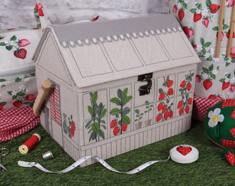 HobbyGift Sewing Box: Embroidered Strawberry Greenhouse Dressmaking Storage