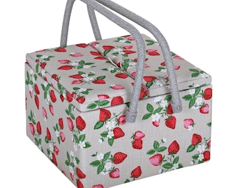 HobbyGift Sewing Box (L) - Twin Lid - Square - Natural Strawberries - Storage