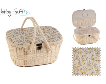 HobbyGift Sewing Box Wicker Basket: Morris Lemons, Raffia-effect handles, Tray