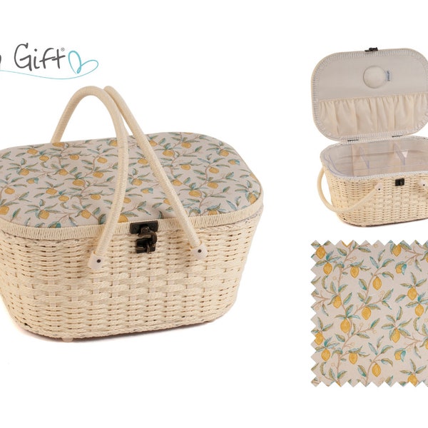 HobbyGift Sewing Box Wicker Basket: Morris Lemons, Raffia-effect handles, Tray