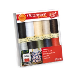 Puede incluir: Un paquete de hilo para coser todo tipo de telas Gutermann Creativ en una variedad de colores, incluyendo negro, blanco, beige, marrón, verde y rojo. El paquete contiene 100 metros de hilo por carrete y presenta el logotipo de Gutermann Micro Core Technology. El paquete está etiquetado como "Paquete de bonificación".